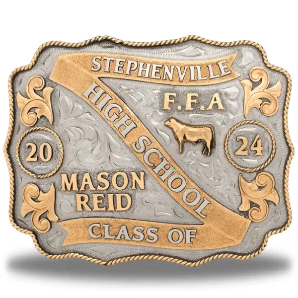 Introducing the Texan Belt Buckle—a deluxe buckle with a 3-in-1 banner, classic rope border, and intricate hand-engraved background. Customize it to showcase your true western pride!